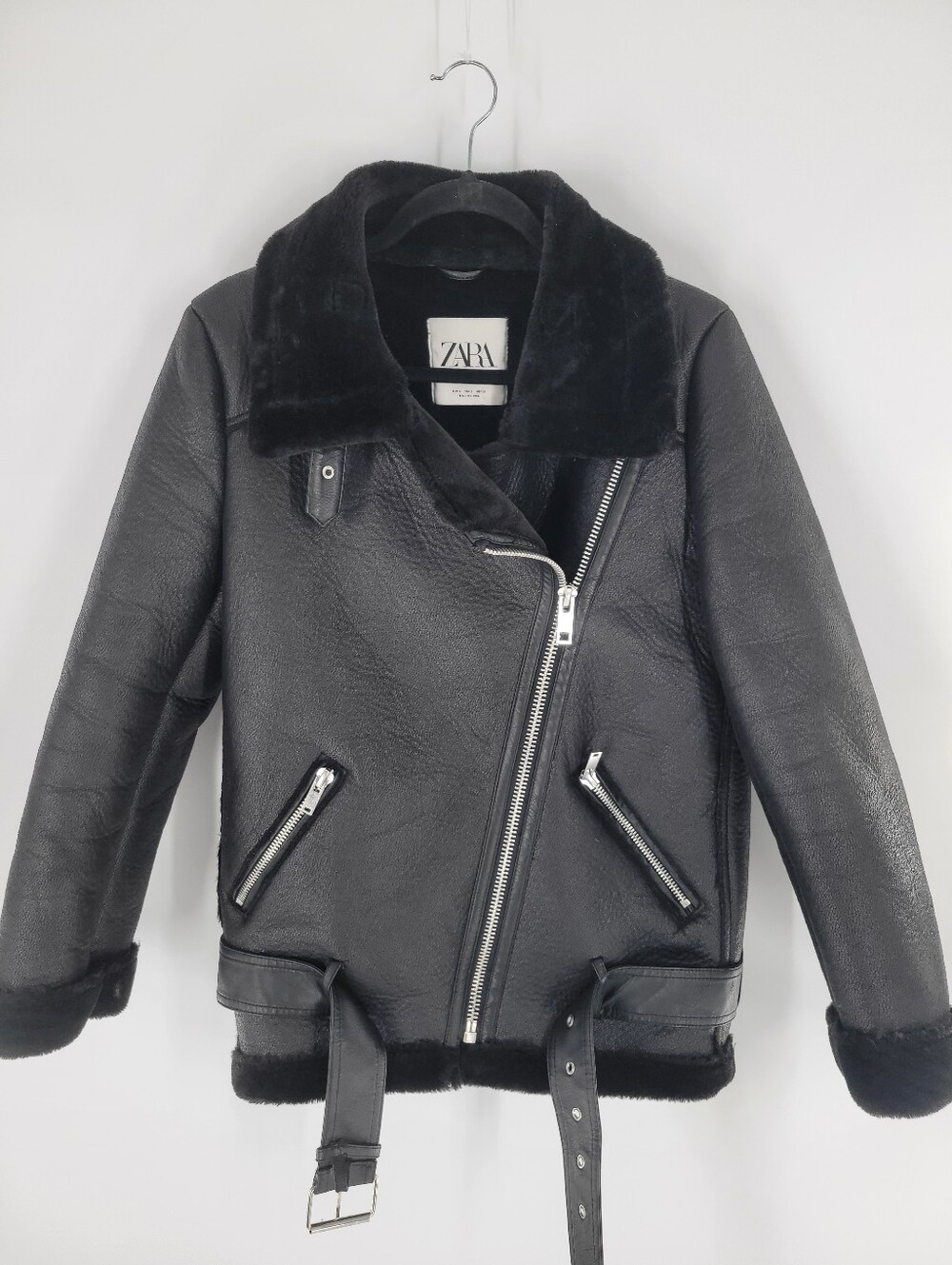 Zara Black Faux Shearling Moto Puffer Jacket Size S - Picture 3 of 8